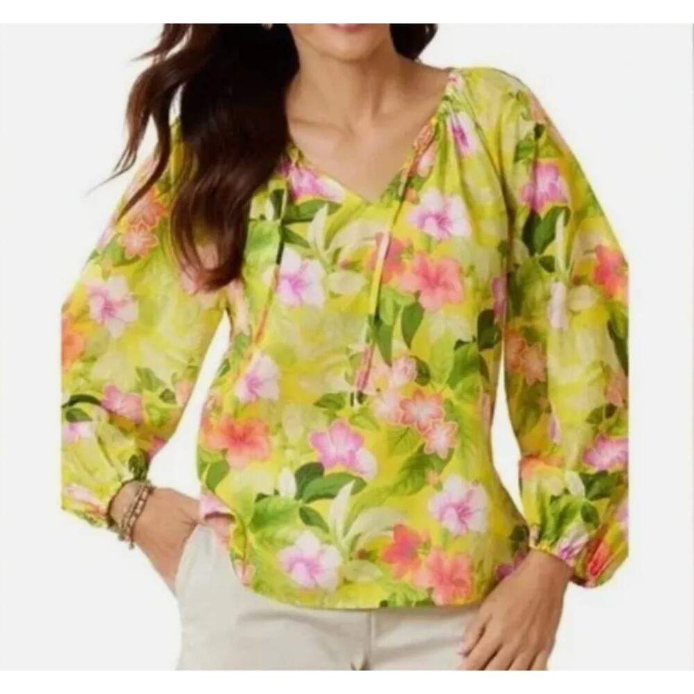 NEW Tommy Bahama Happy Hour Flower Peasant Silk/Cotton Top XS, Green Pink